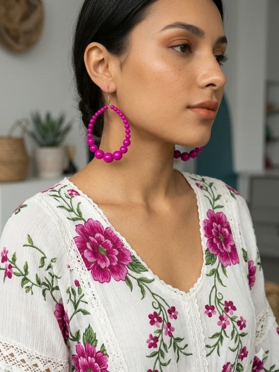 Bold Magenta Beaded Hoop Earrings - Women Jewelry - Picture 2 of 3